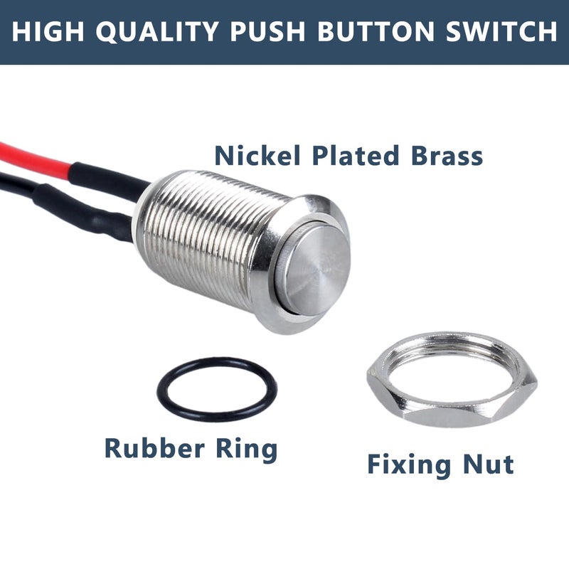 DMWD 2-Pack 12mm Latching Metal Waterproof Push Button Switch Raised Head 1/2" Mounting Hole with Pre-soldered Cable250V 2A 1NO - Image 5